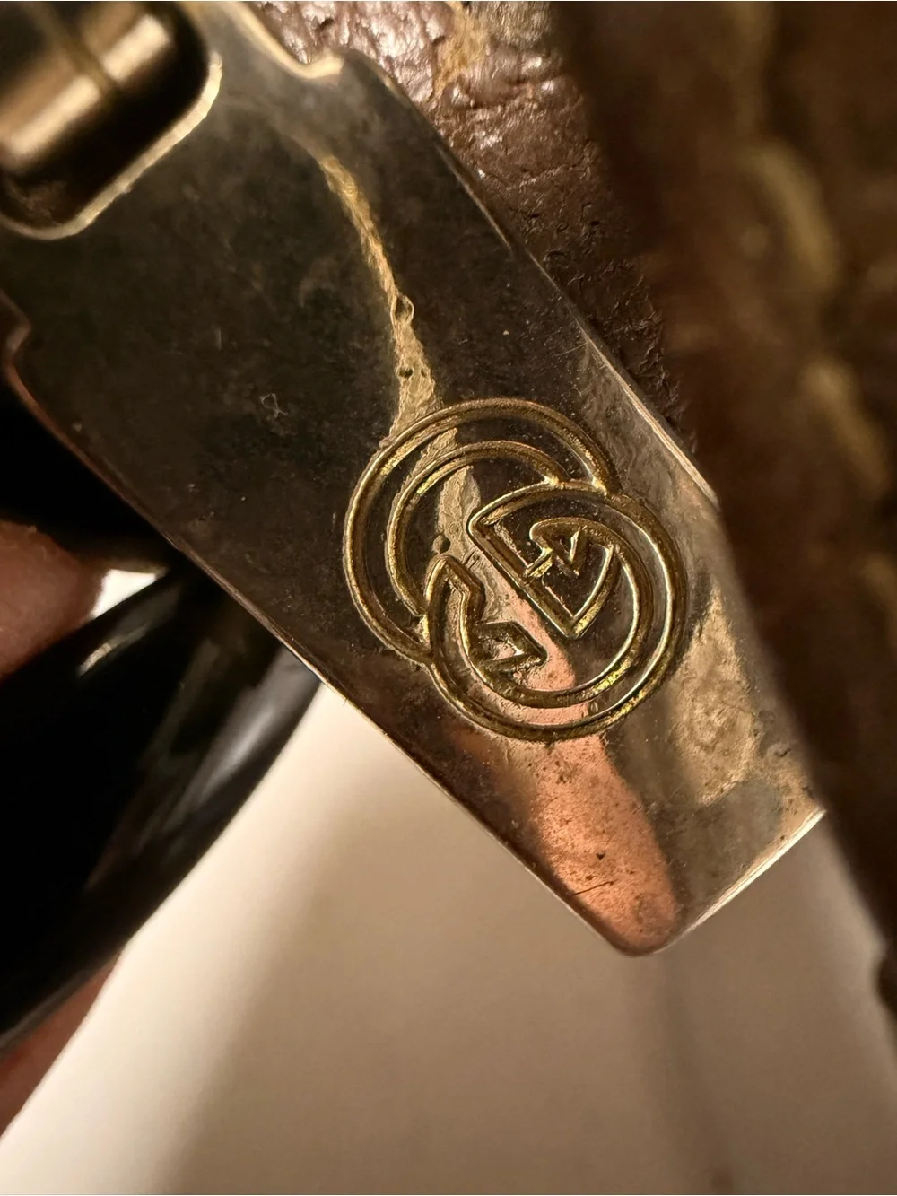 Gucci Gold-Tone Logo Plate on Dark Brown Leather